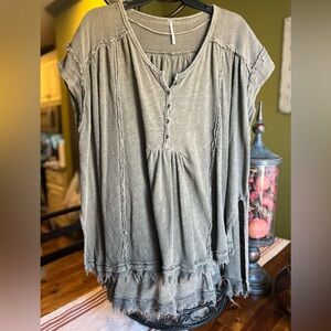 Free People Olive Green Linen Blend Casual Women's Top